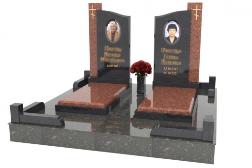 Вертикальный семейный памятник из двух видов камня с пилонам гранита-мрамора