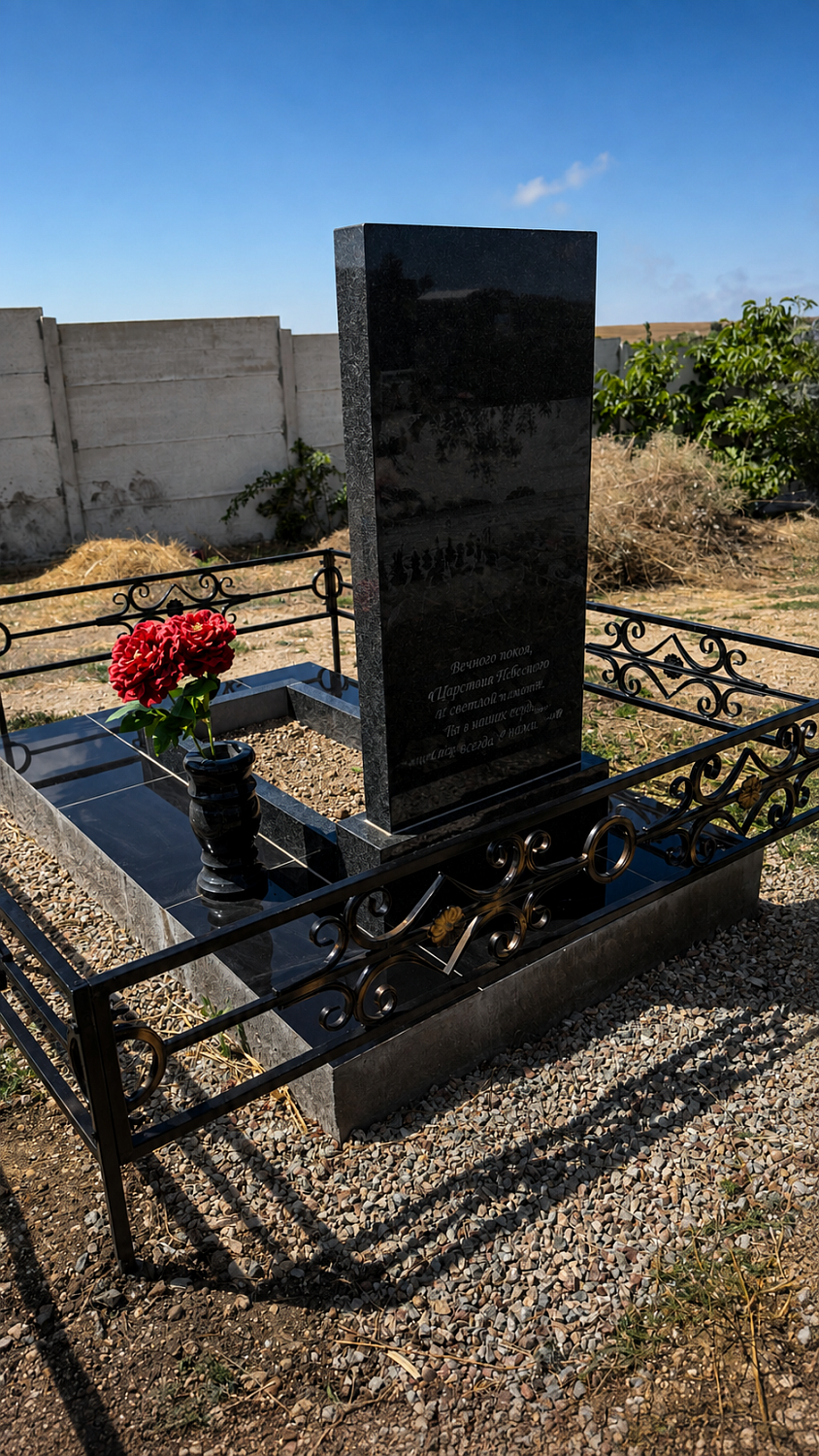 Одинарный памятник из габбро-диабаза с прямоугольной стелой, открытым цветником и металлической оградой